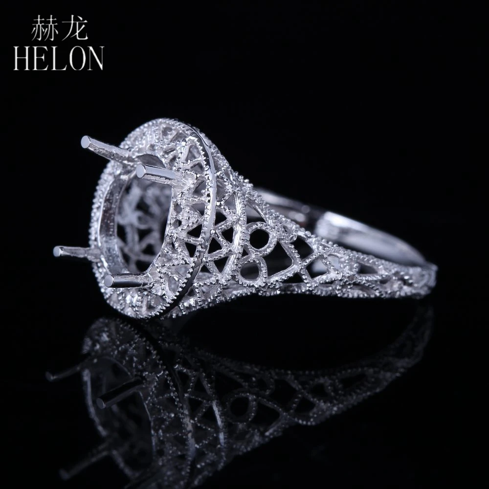 HELON Oval Cut 9x7mm Solid 14K White Gold AU585 Women Solitaire Antique Vintage Fine Jewelry Semi Mount Engagement Wedding Ring