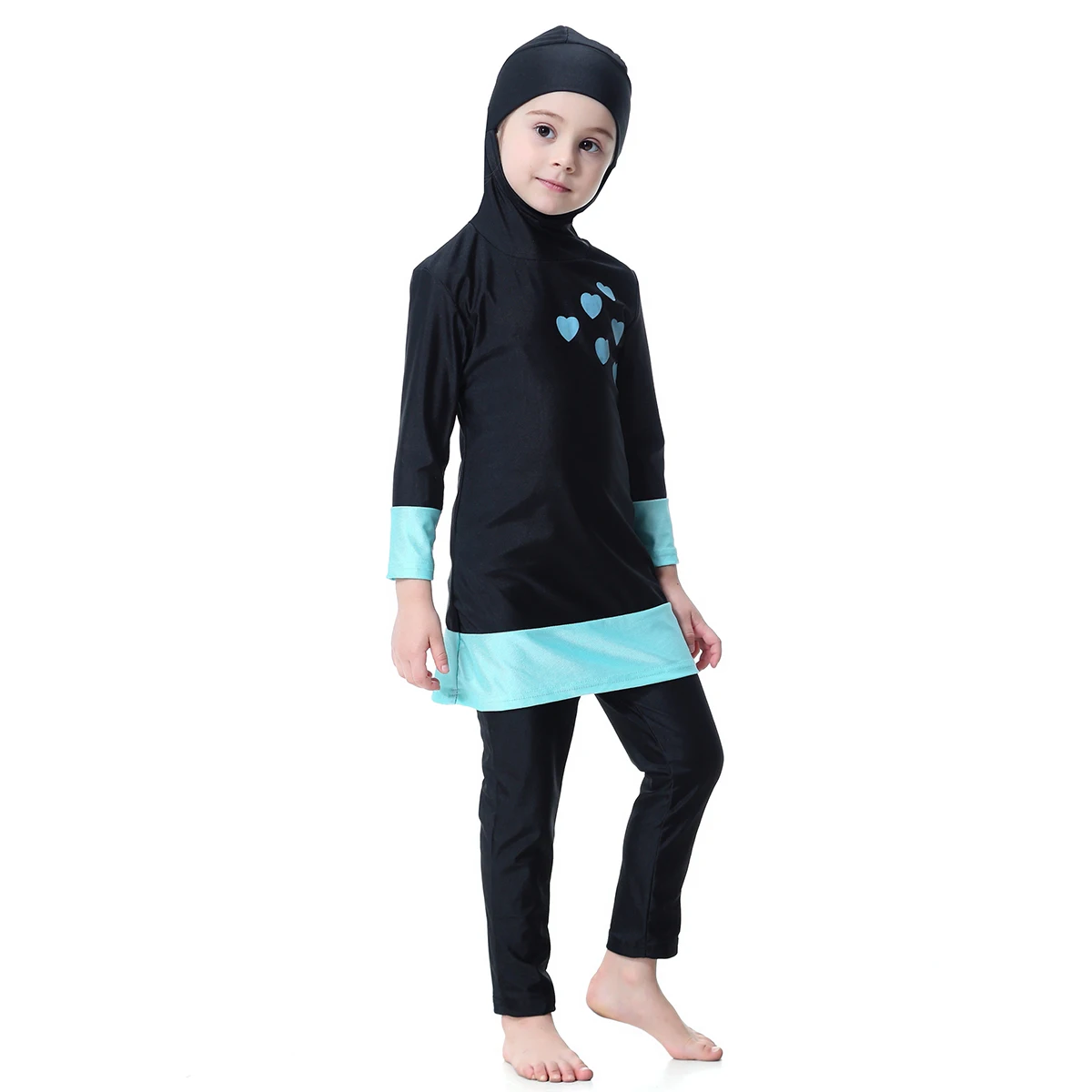 Color Match Overall Muslim Kid Swimsuit Burkini Islamic Girl Full Cover Swimwear Soft Long Abaya with Cap Beachwear Bathing Suit