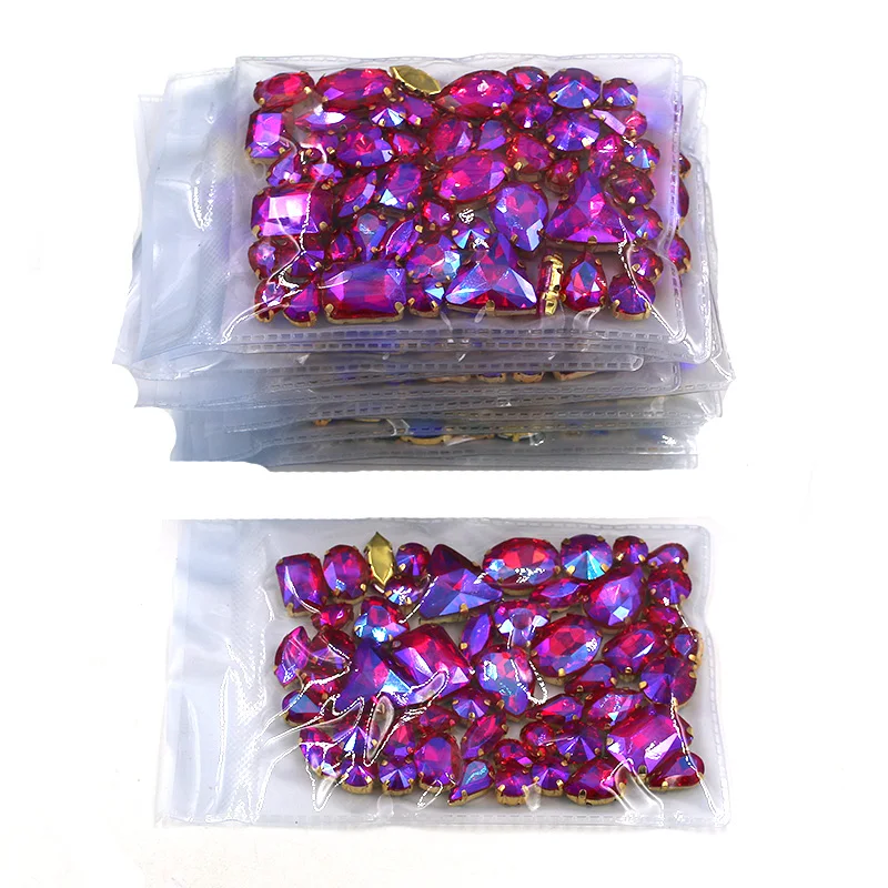 New arrival Wholesale 5 bags mixed shape sew on glass crystal Red AB  rhinestones gold base for clothing/dress