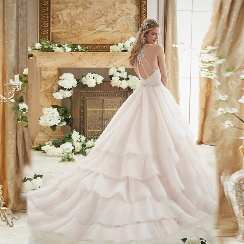 Vestido de novia rosa claro de ensueño, cola plisada de Organza, con volantes y cuentas, elegante, a medida