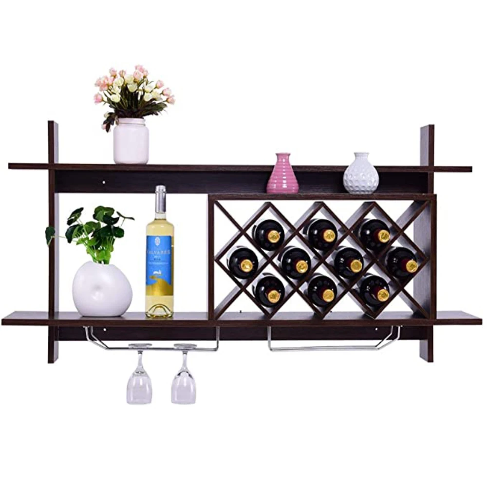 Wall Mounted Wine Rack Organizer Multifunctional Storage Shelf Modern Diamond-Shaped Wood Wine Server for 10 Bottles Wine