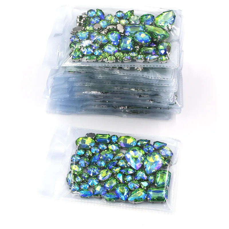 Hot sale Wholesale 5 bags mixed shape Green AB rhinestones glass crystal silver base sew on rhinestones diy clothing