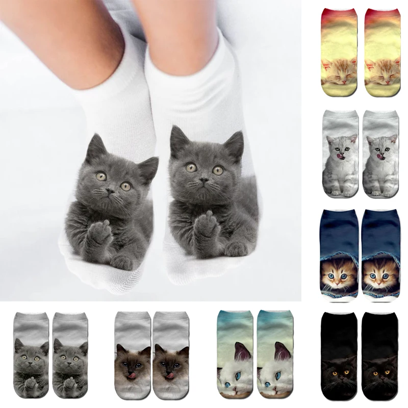 

3D Creative Funny Short Socks Cartoon Kitten Printed Cat Face Mid-tube Cotton Socks Breathable Women Fashion Clothing Accessory