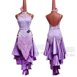 New Latin Dance Dress Competition Dress Costumes Skirt Performing Dress Rhinestones Adult Customize Children Purple Tassel Skirt