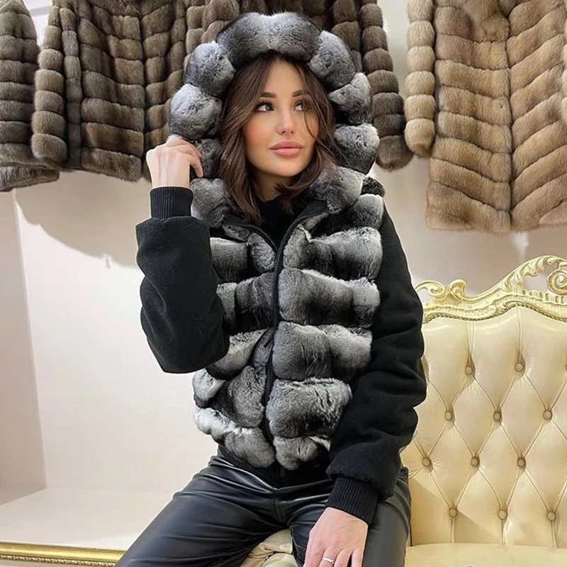 Gilet à capuche en fourrure véritable pour femme, manteau en fourrure de lapin Rex, mode automne et hiver