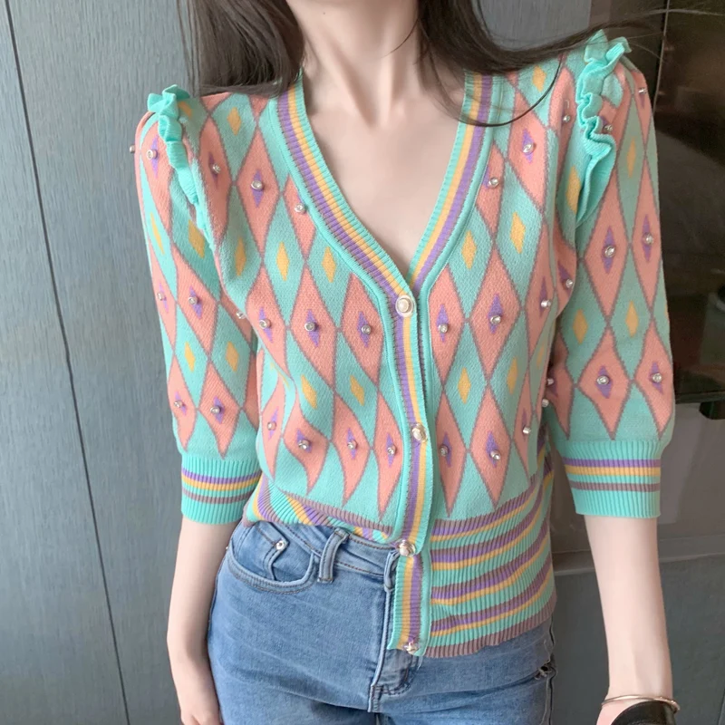 Knitted Short Sleeve Women Thin Cardigan Sweaters 2023 Spring Summer New V-Neck Cropped Tops Fashion Slim Female Jackets