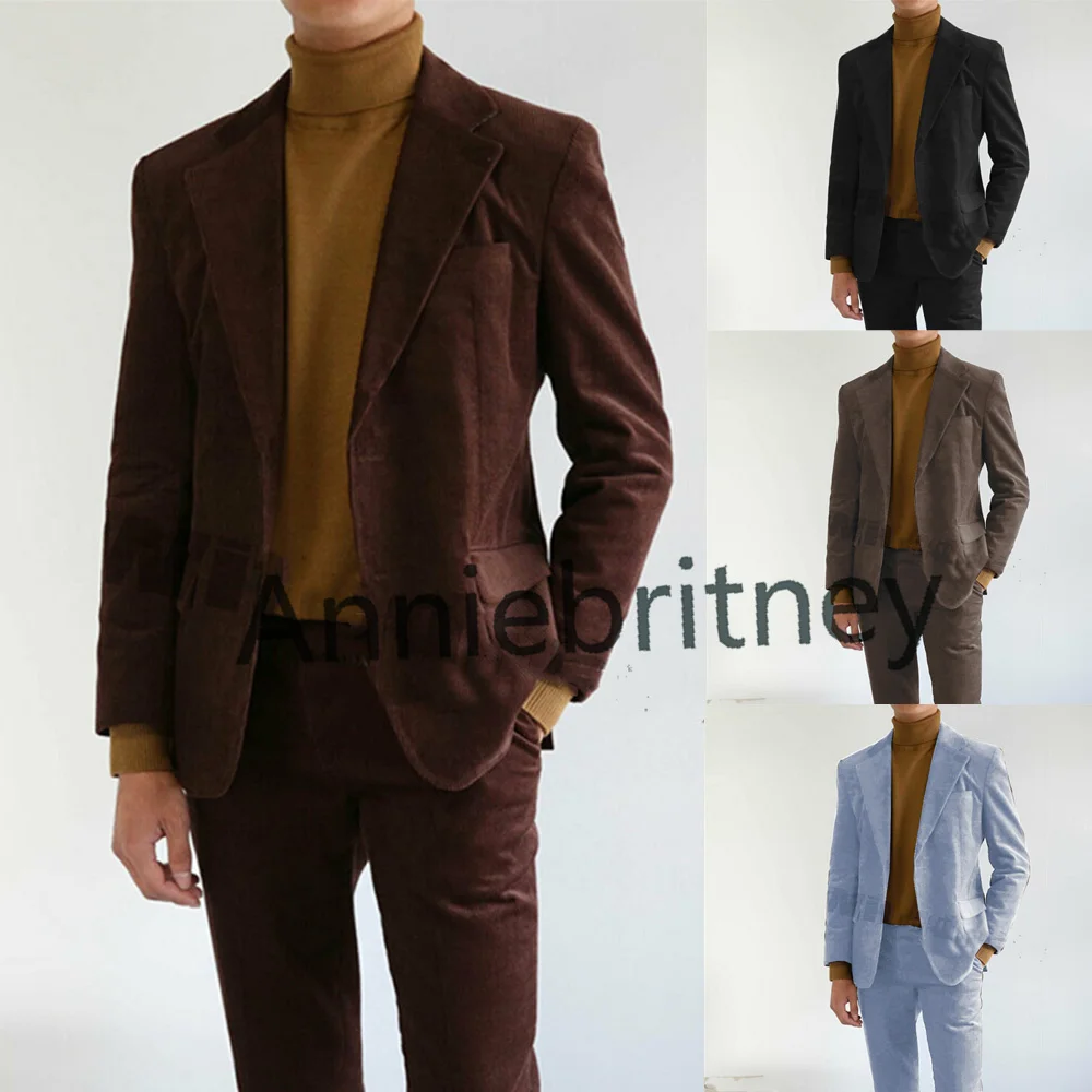 2021 Terno Masculino Brown Corduroy Men Suits Casual Male Suit Fall Winter 2 Pieces Set Formal Bussy Wear Blazer Pants Costume