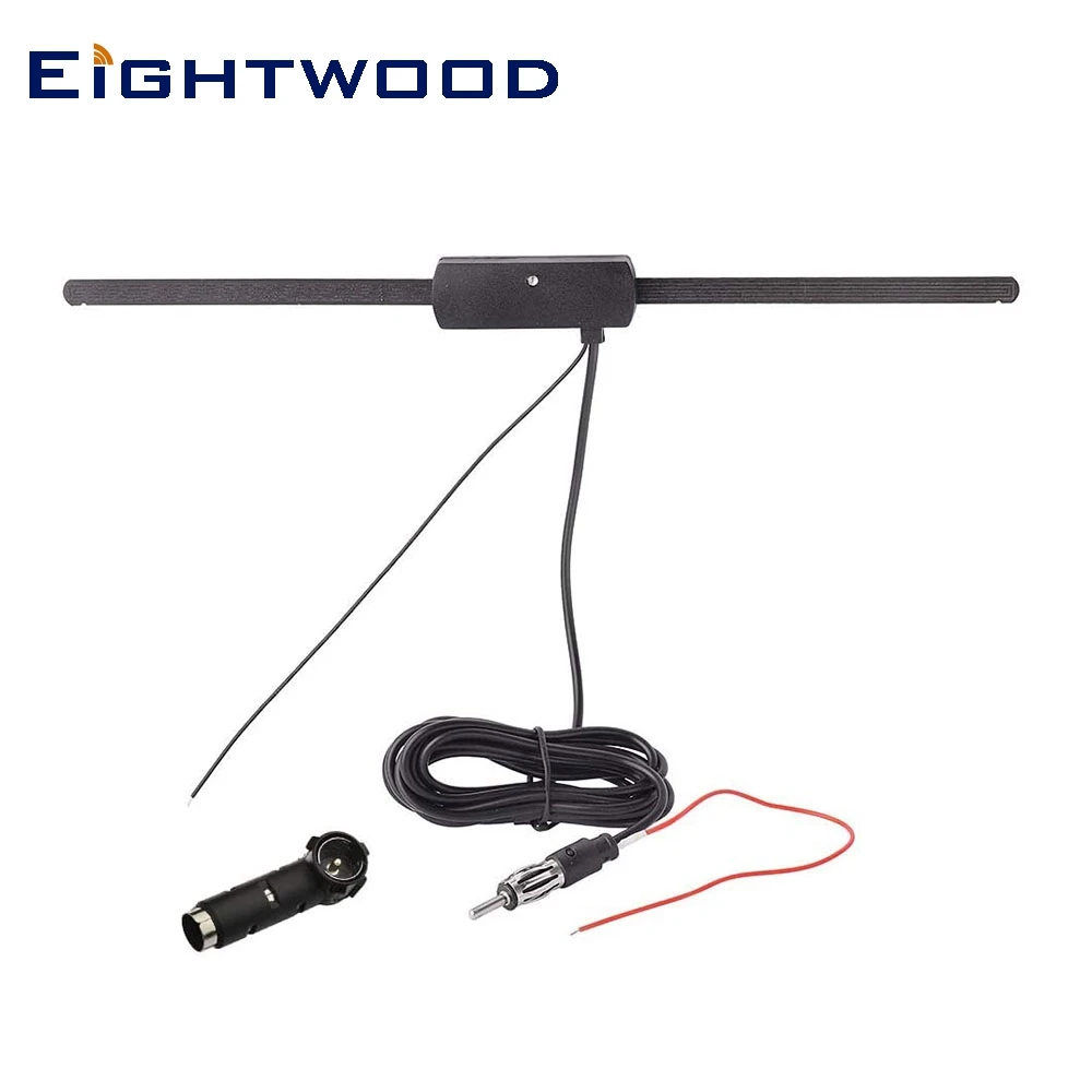 Eightwood 12V DC Active Amplified Dipole Antenna DIN Connector 1.9m Cable+DIN to ISO Adapter Aerial for Cars Trucks FM Radio