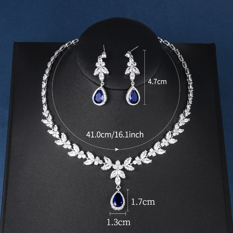 WEIMANJINGDIAN Brand Blue Teardrop and Marquise Cut Cubic Zirconia CZ Crystal Necklace and Earrings Bridal Wedding Jewelry Set