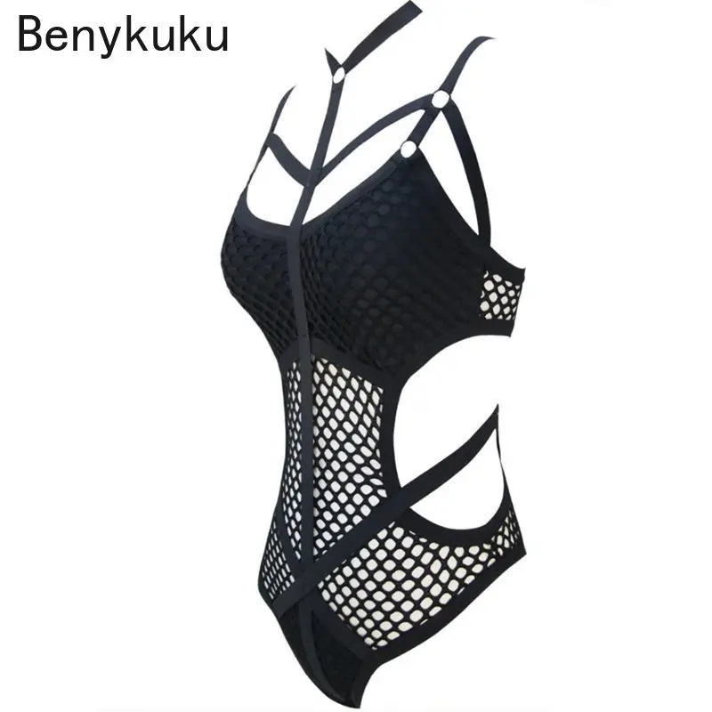 Gothic Women Black Sheer Knit Net Mesh Sexy Women Swimwear One Piece Swimsuit Female Bather Bathing Suit Swim Halter Romper New
