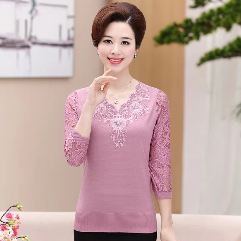 Women Embroidery Blouse Tops Summer Spring Lace Knitwear Elegant Female Floral Sweater Lace Shirts Pullovers