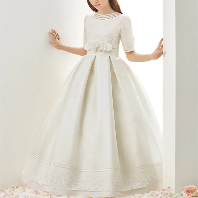 Robe de première communion à col rond pour filles, robe de demoiselle d'honneur, blanc, ligne A, ceinture à nœud, fibre solide, offre spéciale