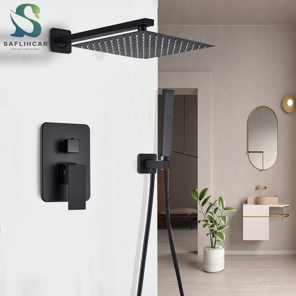 SAFLIHCA Matte Black Shower Faucets Set Rainfall 8/10/12/16 Concealed Shower System Wall Mount Bathtub Shower Mixer Set