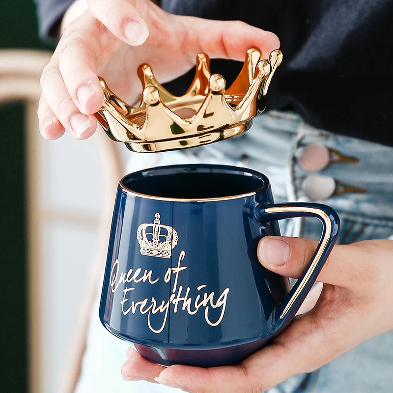 King Queen Crown Design Mug With Crown Lid and Spoon Ceramic Coffee Cup Gift for Girlfriend Wife Fast Delivery