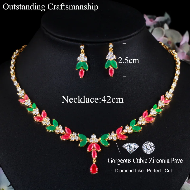 CWWZircons Elegant African Green Red Cubic Zirconia Stone Wedding Jewellery Set Bridal Necklace and Earring Costume Jewelry T467