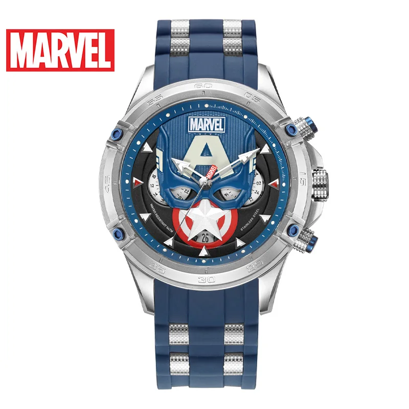 Marvel For Mens Watches Avengers Captain America Quartz New Casual Wristwatch 3D Stereo Dial Coated Glass Multiple Time Zone 50m