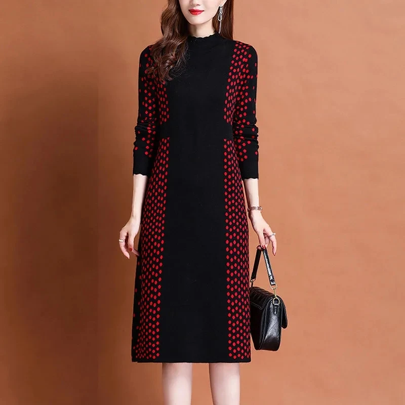 Autumn And Winter Long Sweater Dress Female Half-High Neck Long-Sleeved Sweater Fat MM Size 6XL Loose Pullover Shirt Dot