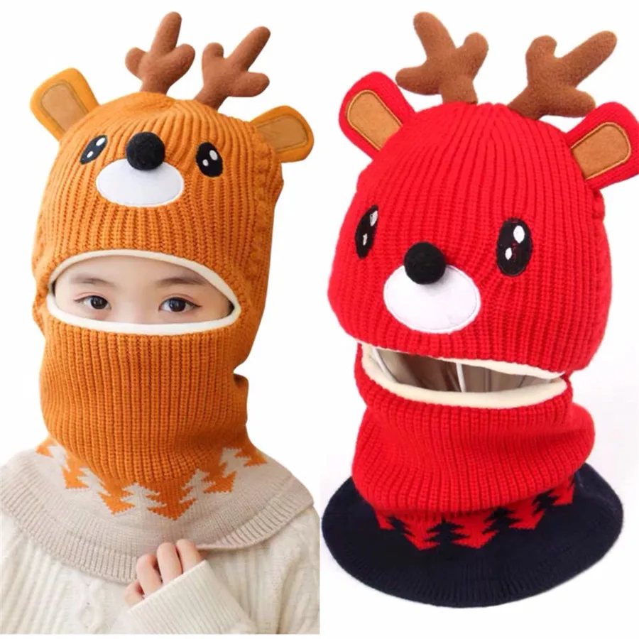 

Kid cute Baby Boy Girl Hooded Scarf Caps Hat Winter Warm Knit deer cartoon Flap Cap Scarf Newborn Winter Windproof Warm Hats