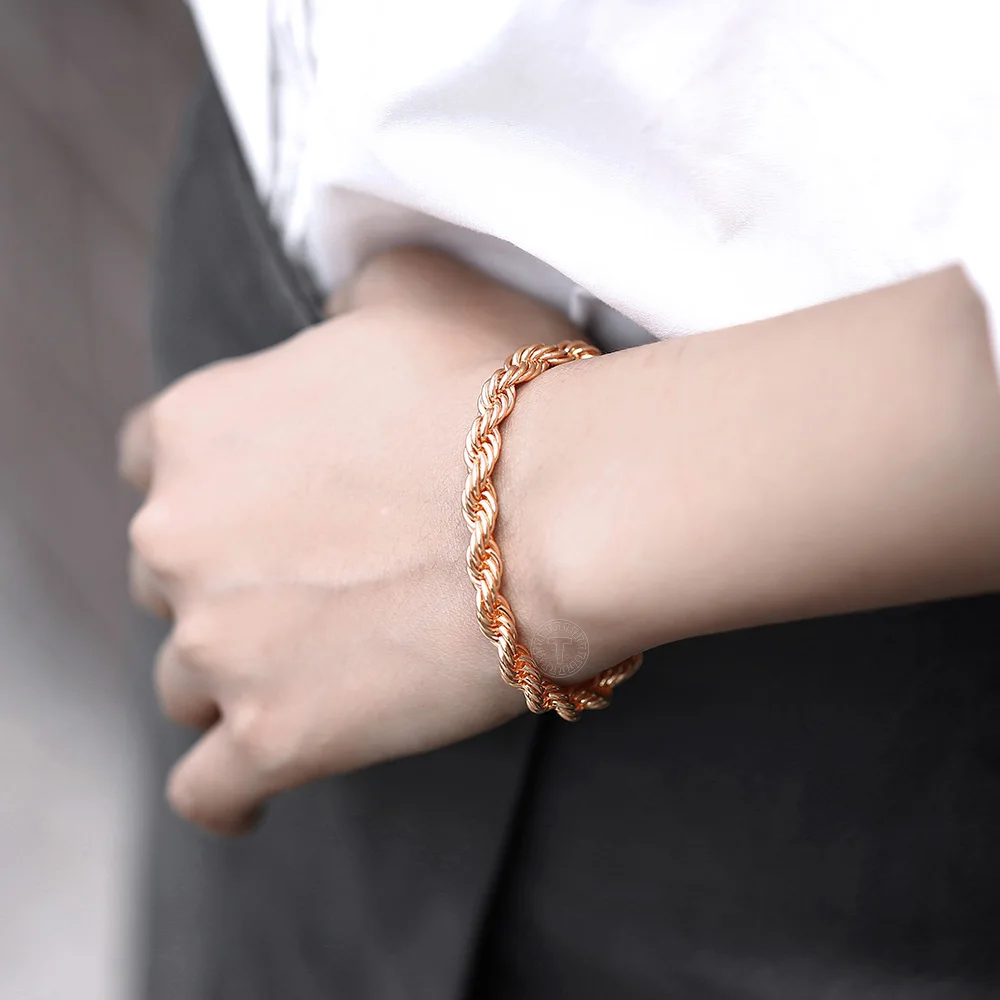 Bracelet for Women Men 5/6mm 585 Rose Gold Color Twisted Rope Link Chain Party Wedding Jewelry Gifts Womens Mens Bracelets LCB47