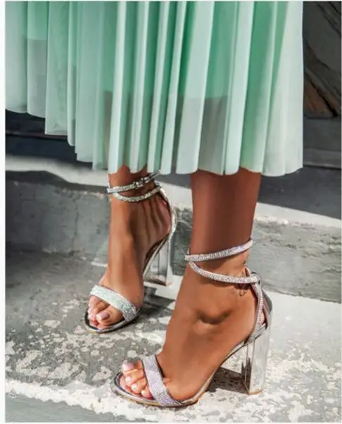 

Classic Ankle Strap Hasp Women's High Heels silver Sandals Open toe Female Party Sequins Sandals Shoes Female high heels Large