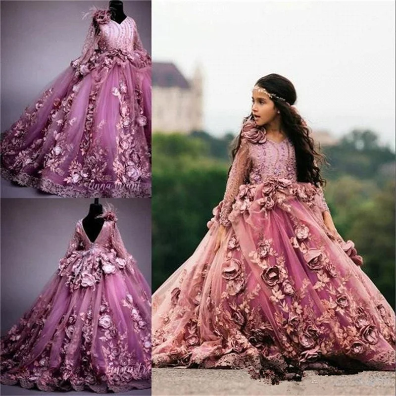 Vestidos de flores de lujo para niña, precioso vestido de desfile para boda, apliques de plumas de encaje de manga larga, vestido de cumpleaños de tul