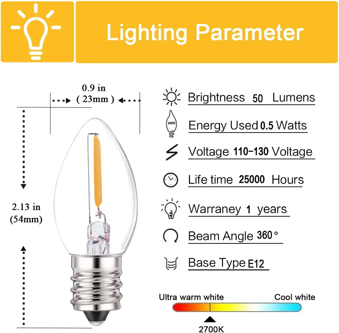 C7 LED Bulbs 0.5 Watts LED Filament Night Light Bulbs E12 Candelabra Clear Glass Candle Bulbs Warm White 2700K for String Lights