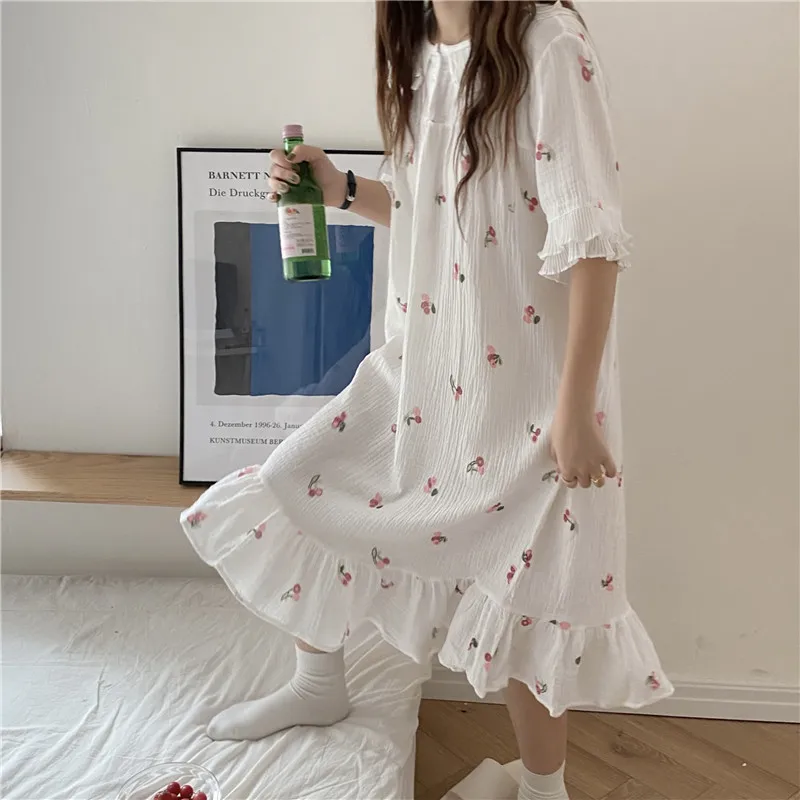 Summer Comfortable Soft Cotton Nightgown Crepe Women Sleepwear Peter Pan Collar Chiffon Lace Flower Print Dress Homewear