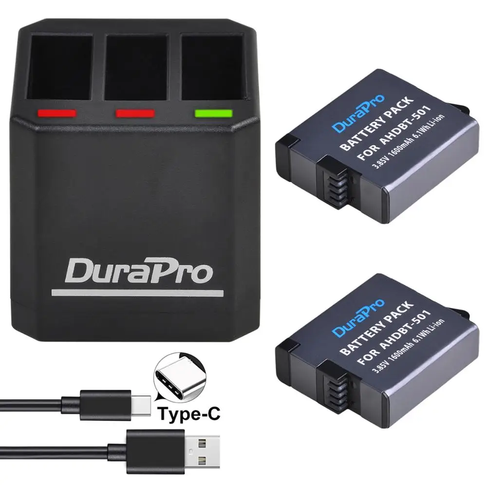 2x1600mah AHDBT-501 bateria + 3-slots carregador com tipo c cabo para gopro hero 6 hero7 go pro 5 câmeras de ação