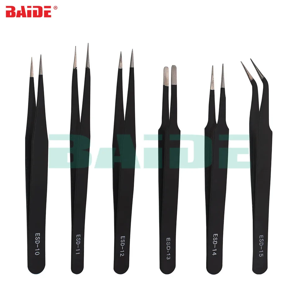 

6 in 1 Black ESD Tweezers Anti-static Stainless Steel Nipper with ESD - 10 11 12 13 14 15 for Phone Precision Repair Tools Kit