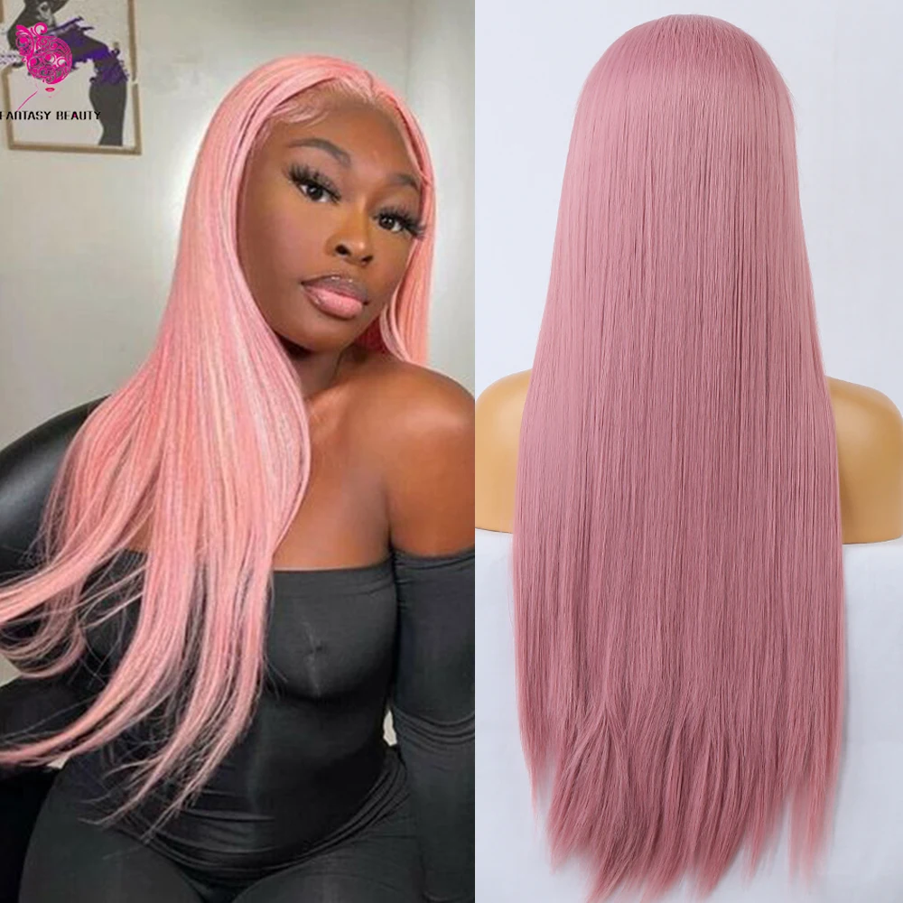 

26Inch Pink Color Long Silky Straight Glueless Lace Front Wig With Baby Hair For Black Women Daily Use Synthetic Fiber Wig 180%