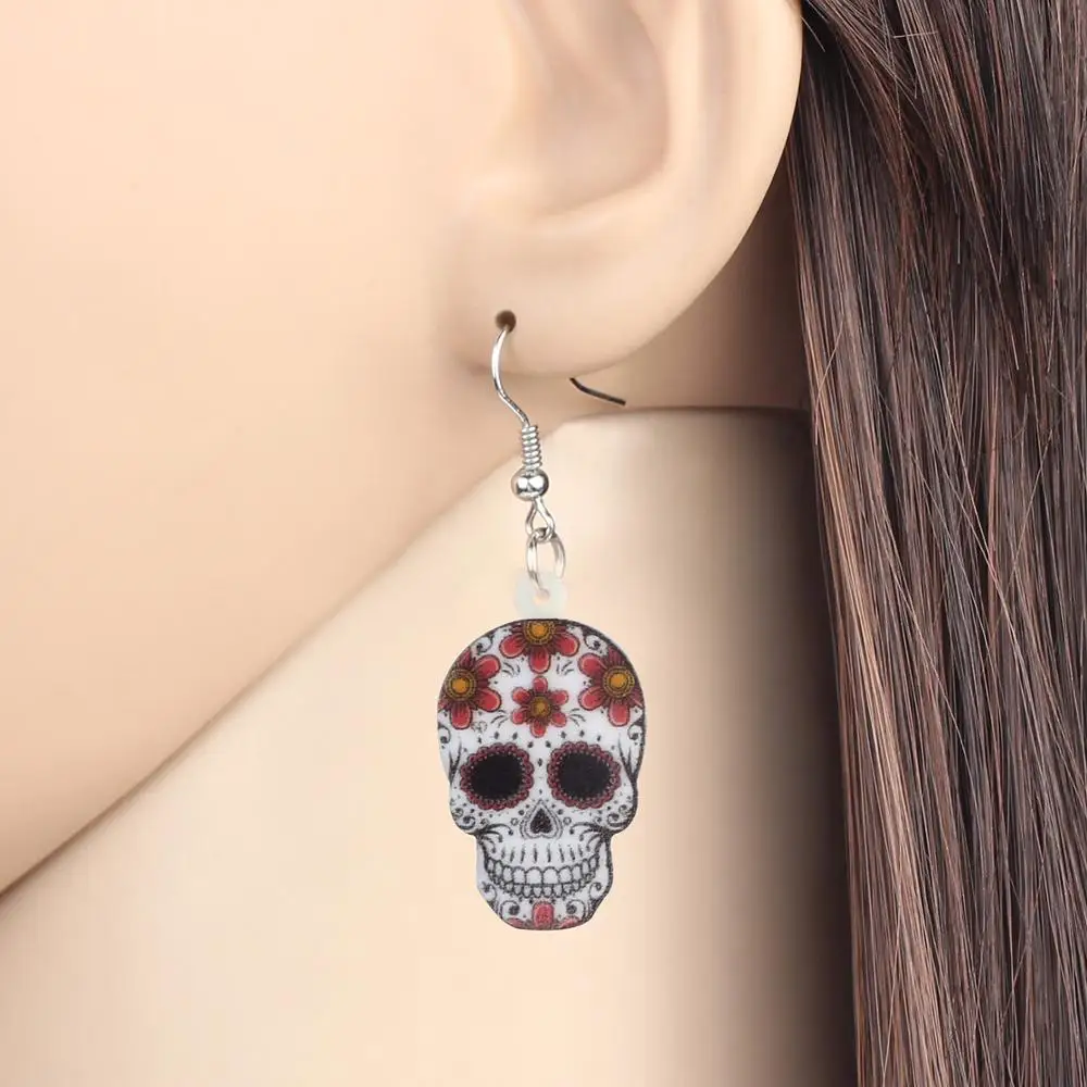 WEVENI Acrylic Halloween Flowe Skull Earringsr Aesthetic Long Dangle Drop Jewelry For Women Girls Kids Vintage Gift Jewellery