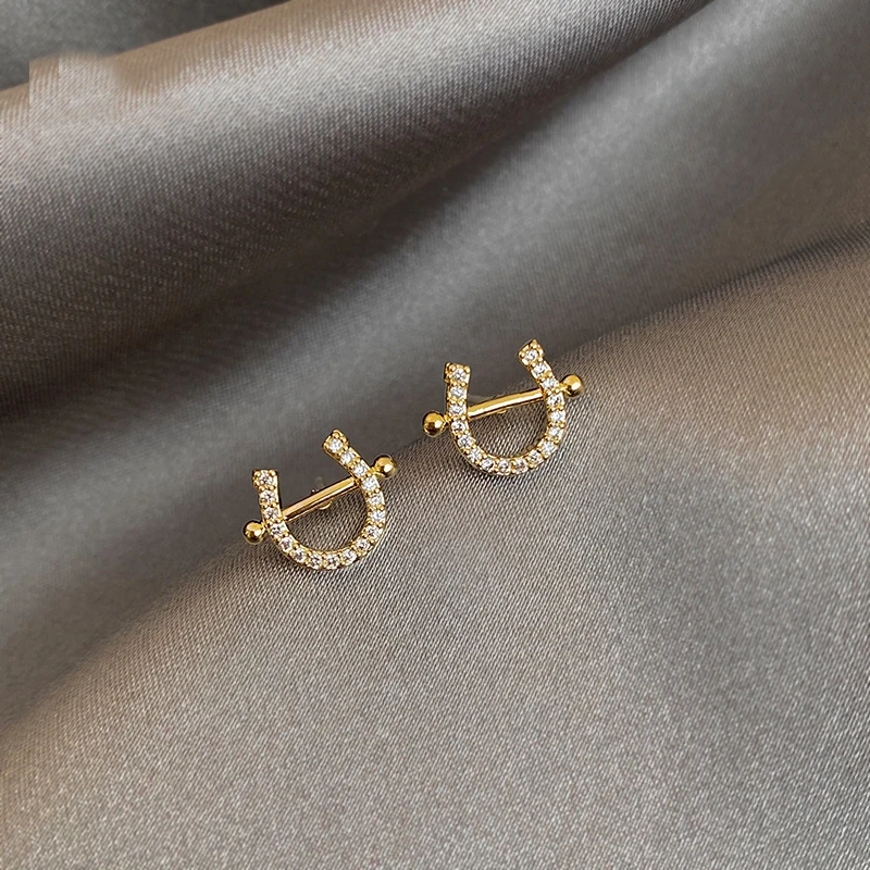 Exquisite compact copper inlaid zircon gold plated letter U stud earrings simple women's daily all-match Korean jewelry earrings