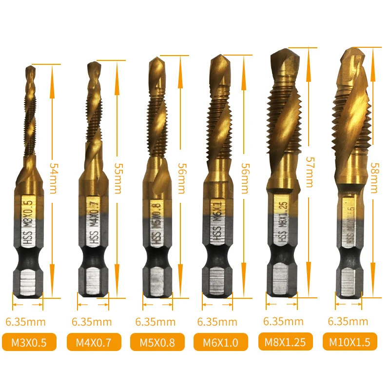 6PCS Set M3-M10 punte da trapano a vite HSS 4341 rubinetti lavorazione del legno punta metrica acciaio ad alta velocità titanio 1/4 "IN cambio rapido esagonale