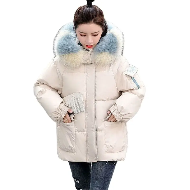 

Autumn Winter Down Cotton New In 2021 Ladies Jacket Loose Hooded Big Fur Collar Short Keep Warm Female Bread Service Coat