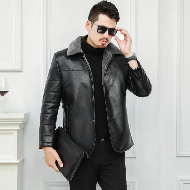 

big size high quality Men's Real Leather Bomber Jacket with Fur Collar Genuine Leather Pigskin Jackets Winter Warm Coat Men