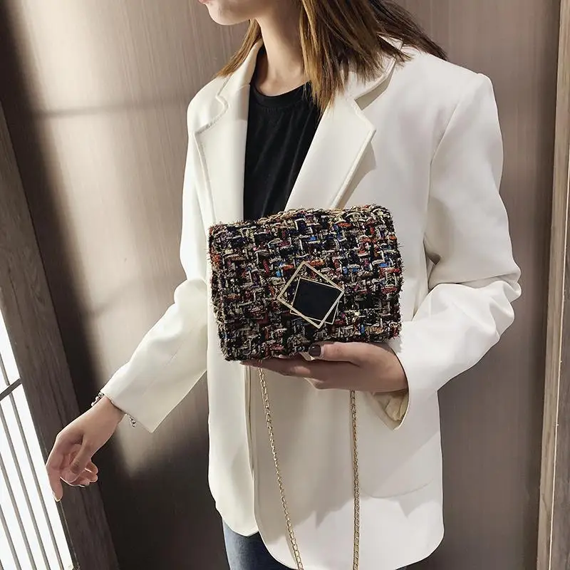 Women Crossbody Bags Woolen Patchwork Colorful Vintage Chains Shoulder Bag Students All-match Casual Handbags  Chic Ins