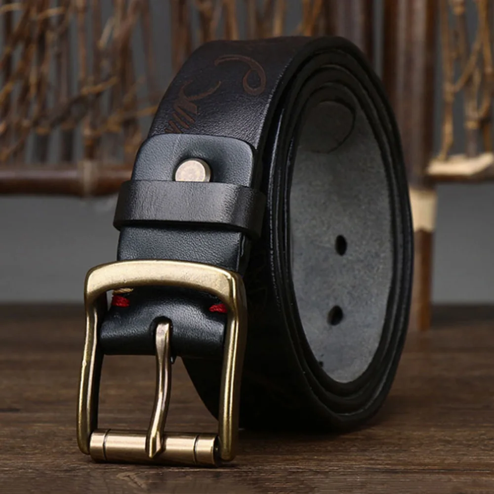 HIDUP Unique Design Square Retro Styles Cow Skin Leather Belt Brass Buckle Pure Cowhide Belts Jeans Accessories 3.8cm NWJ1139