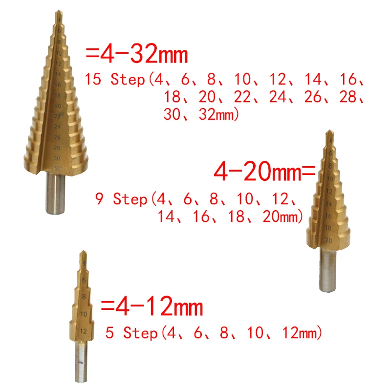 Juego de herramientas de corte de broca de Metal recubierto de titanio, cono de paso grande, cortador de agujeros, 4-12mm, 4-20mm, 4-32mm, HSS4241,