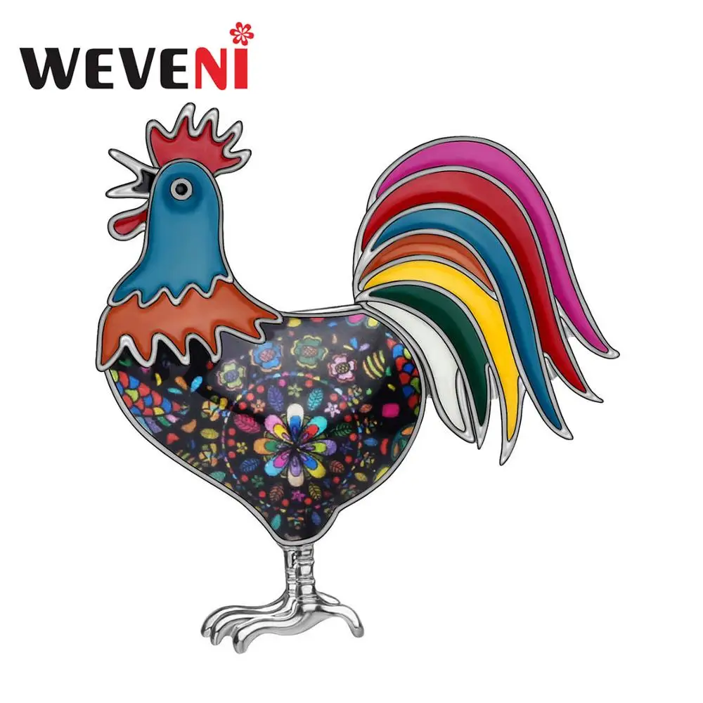 WEVENI Enamel Alloy Floral Rooster Fowl Chicken Brooches Clothes Scarf Pin Animal Jewelry For Women Girls Teens Party Gift Bulk