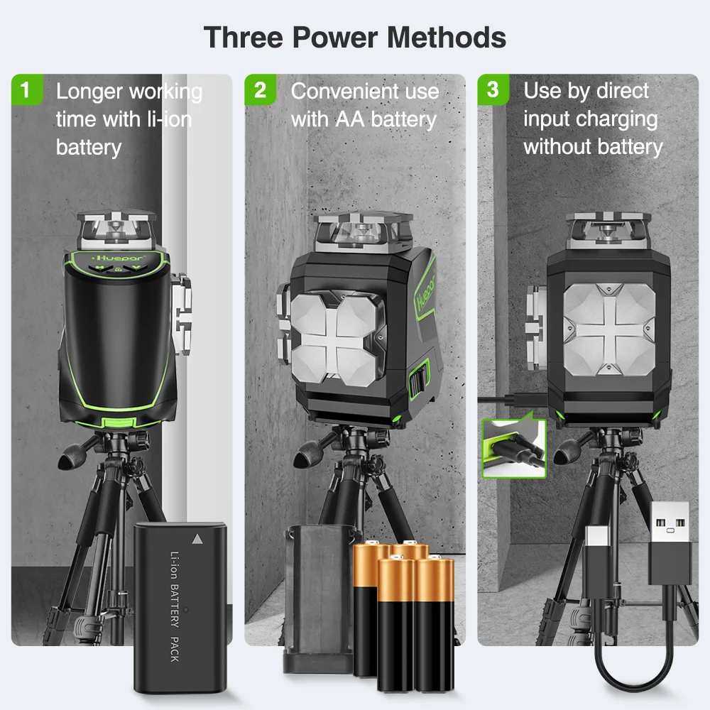 Imagem -02 - Huepar-nível Laser com Tripé Receptor Feixe Verde Auto-nivelamento Horizontal e Vertical 360 ° Linha Cruzada 2d Linhas Osram