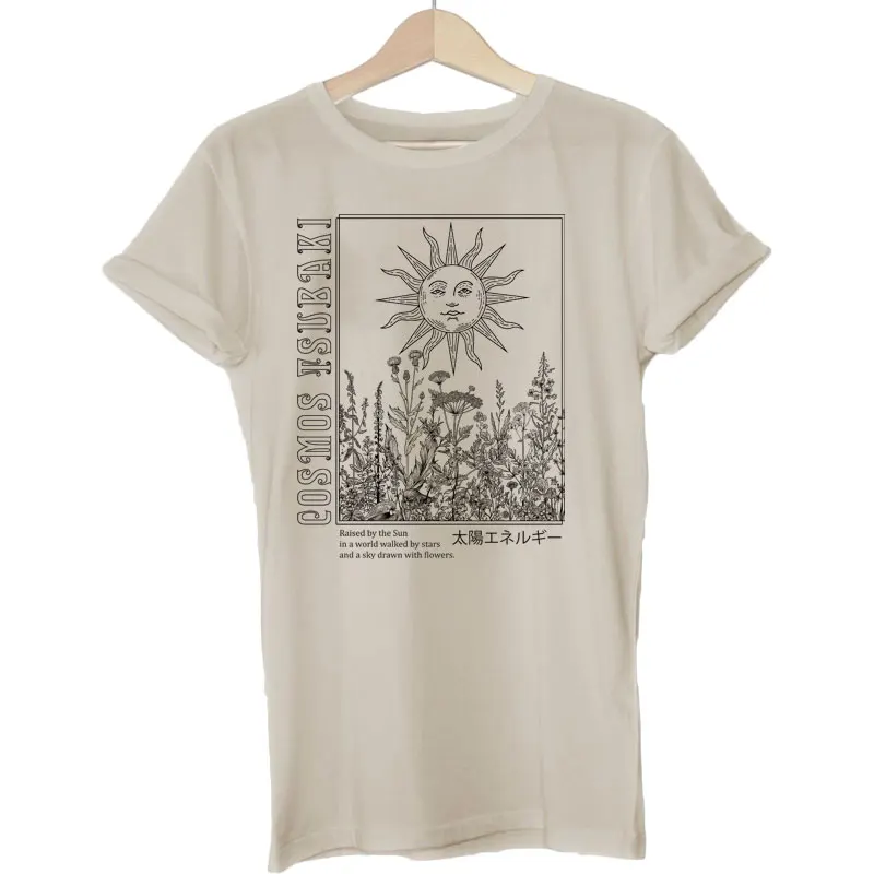 Cosmos Sun T shirt Women Tops  Sun Plants Print Vintage Boho Style T Shirt Women's Retro Cotton Short Sleeve T-shirt Ladies Top