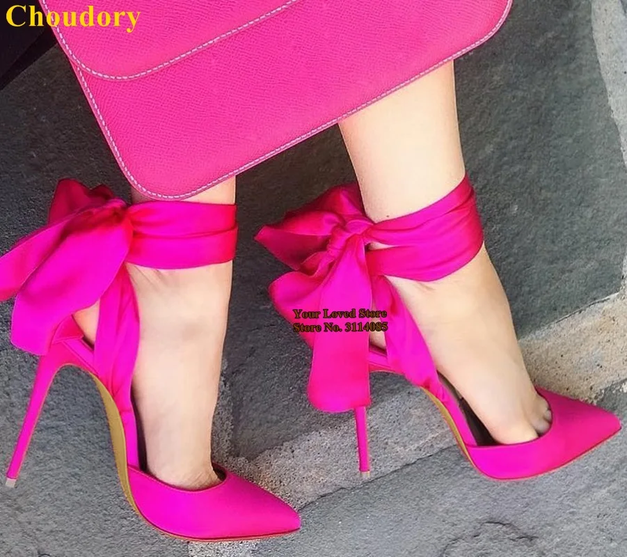 Choudory abito in raso fucsia con nodo a farfalla décolleté con punta a punta nastro con lacci papillon scarpe da sposa taglia 47 pompa in tessuto