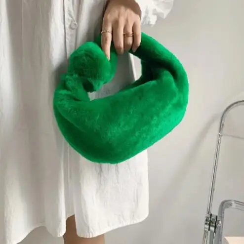 Fur Women's Small Half Moon Bag Luxury Warm Plush Wrist Bags for Women Fashion Furry Short Handle Clutch Cut Ladies Handbag