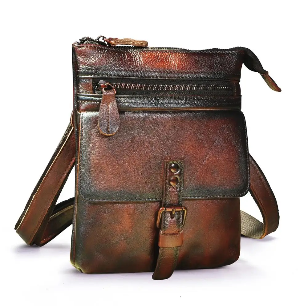 Leather Male Casual Design Brown Shoulder Messenger bag Multifunction Fashion Travel Hook Belt Waist bag Small Pouch Men 6574-d