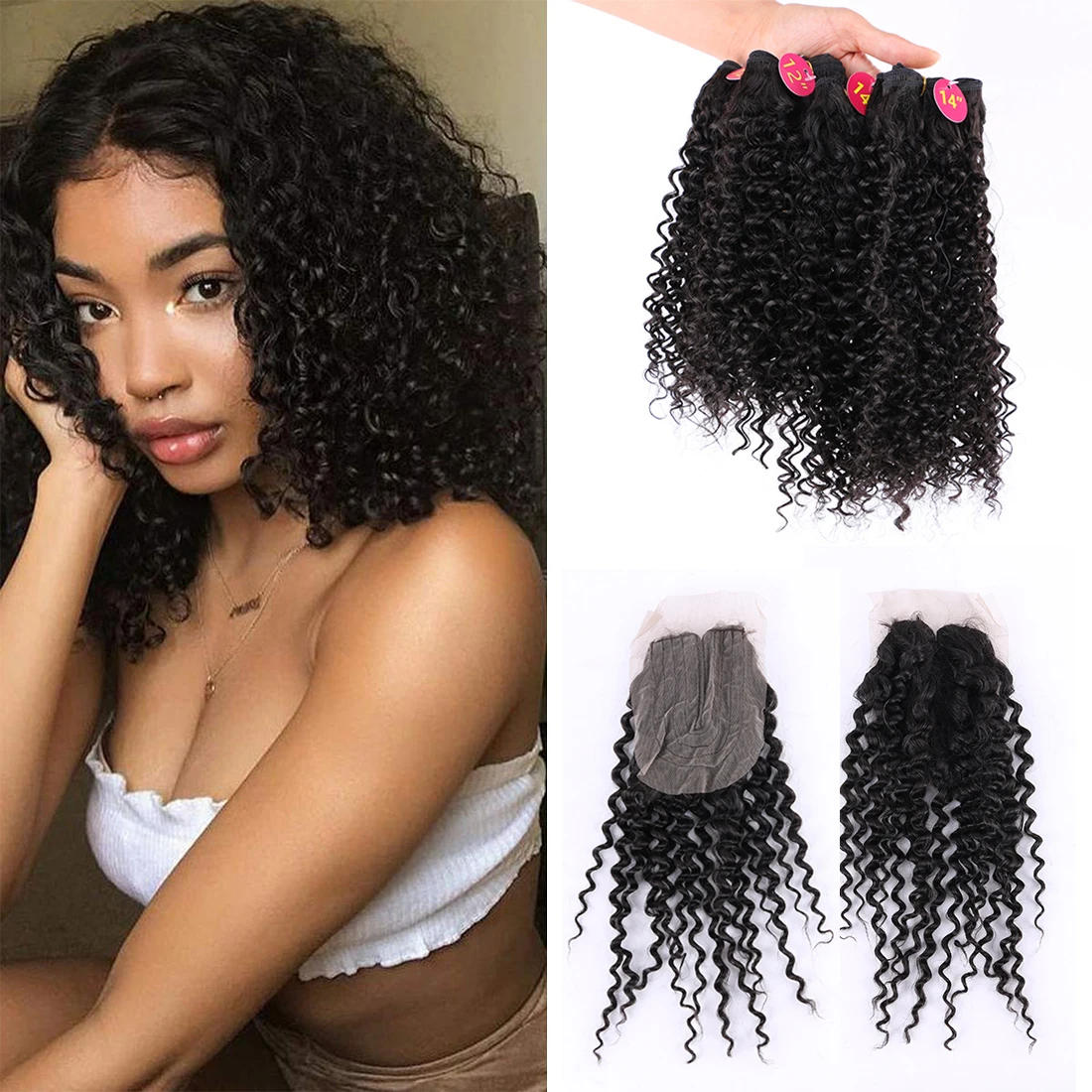 4+1 Kinky Curly Hair Bundles with Closure High Temperature Synthetic Hair Extensions Weave Deep Wave Curly Hair for Black Women