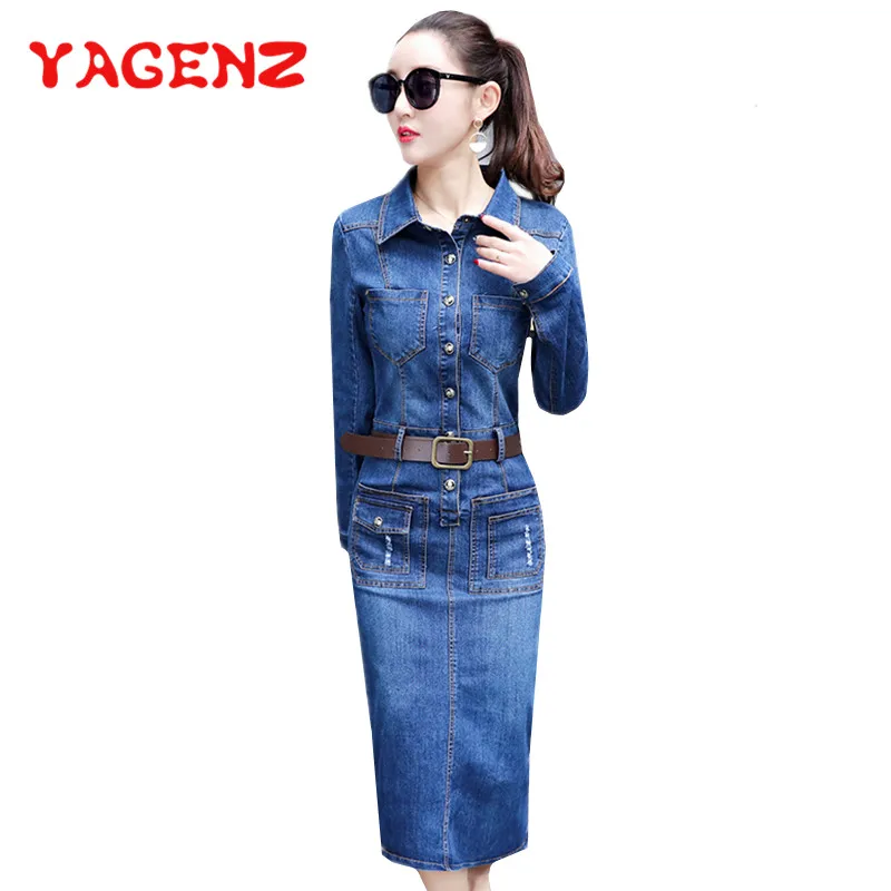 

YAGENZ spring autumn denim dress women korean long dresses with belt for Women long sleeve jeans Dress vestido bodycon dress 665