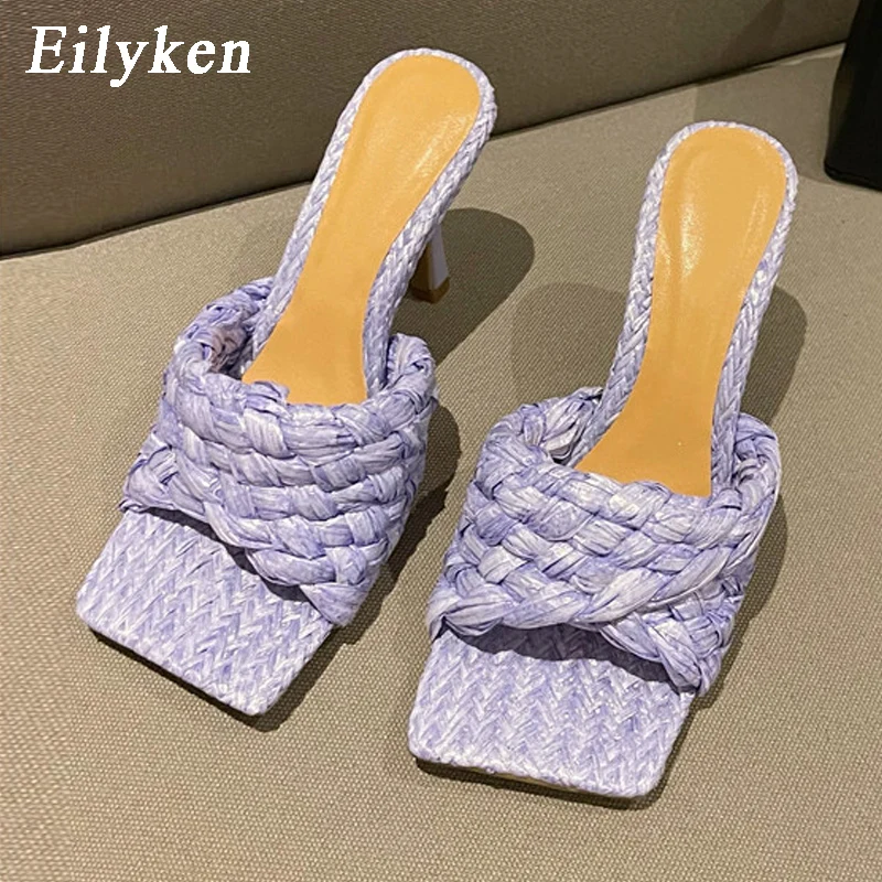 Eilyken 2024 New Summer Slipper Fashion Weave Slides Ladies Elegant Thin High Heel Outdoor Women Sandals Shoes Plus Size 40