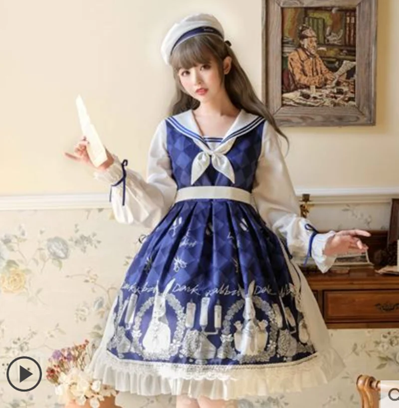 JK Navy Uniform Lolita Rabbit Cute England college style sweet lolita dress retro  bowknot printing victorian Japanese Vestidos