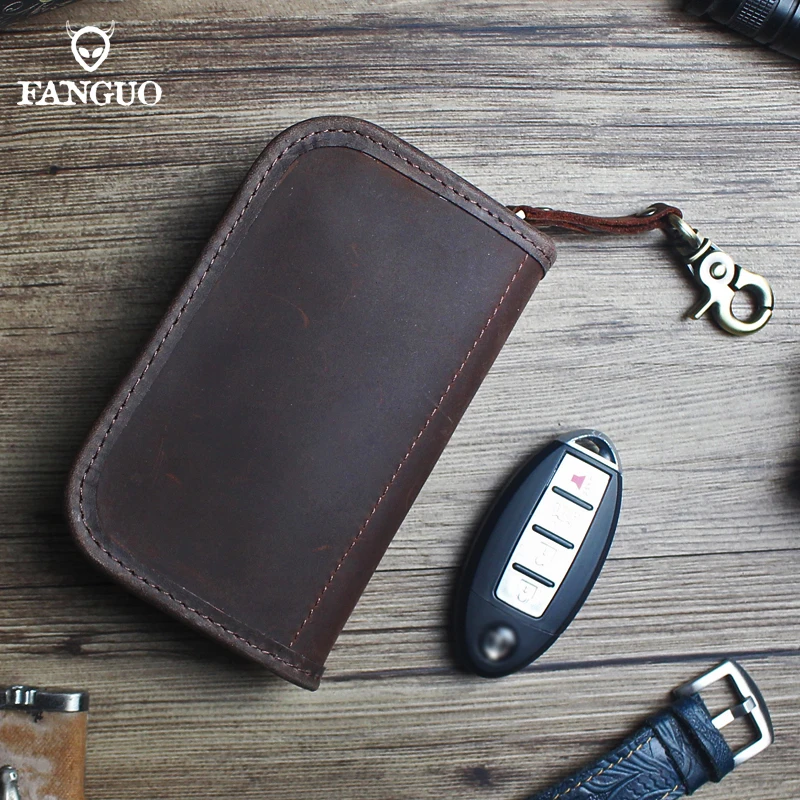 Prawdziwy skórzany na klucze portfel etui mężczyźni Handmade Zipper Car inteligentne etui na klucz pokrywa organizator do portmonetki gospodyni dla kobiet