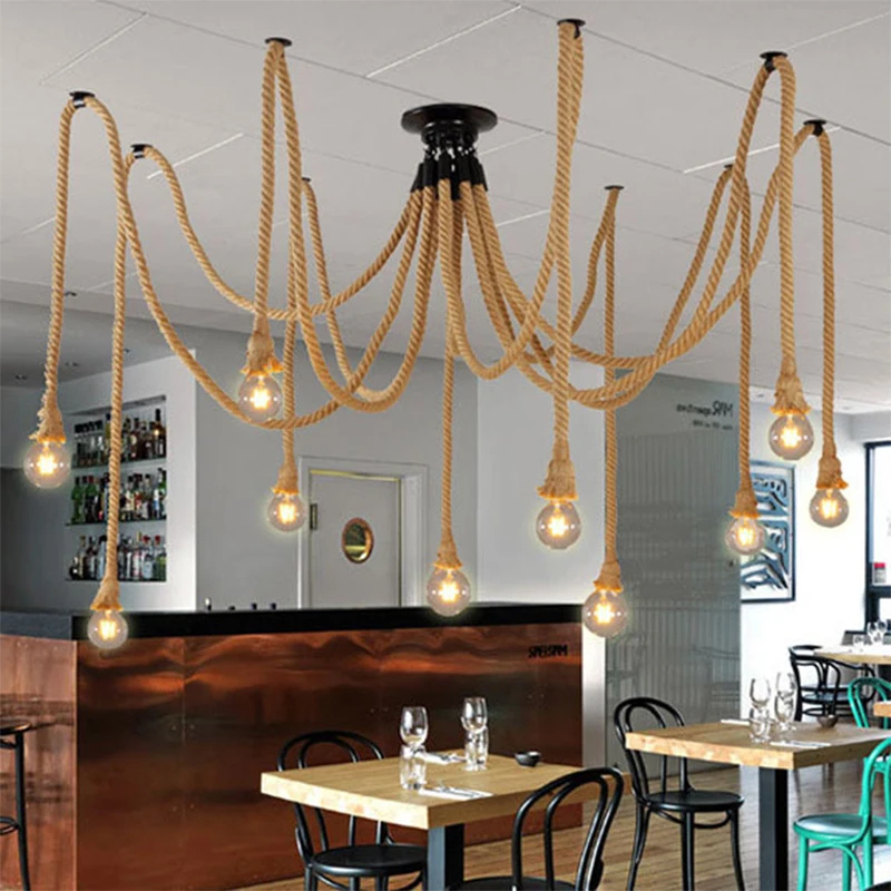 Imagem -05 - Vintage Hemp Rope Pendant Lamp Mobília da Sala de Jantar Sala de Estar Cozinha Industrial Spider Web Multi-cabeça Retro Pendurado Luzes